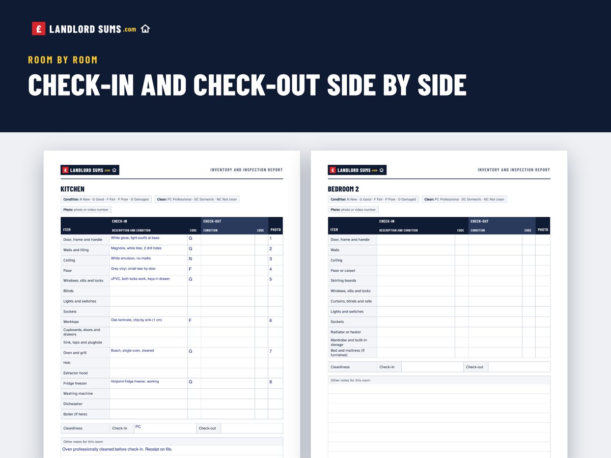 Room pages: check-in and check-out side by side